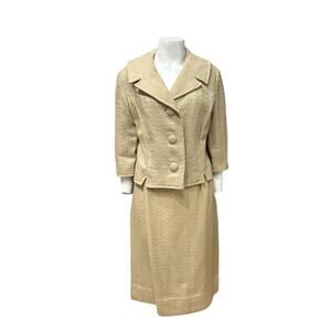Vintage 1960s Beige Woven Skirt Suit Set Mod Jackie O Two Piece Outfit / Small -